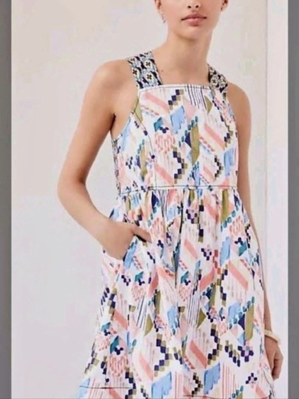 Anthropologie By Maeve Geometric Mini Dress in White & Blue Size Small Like New